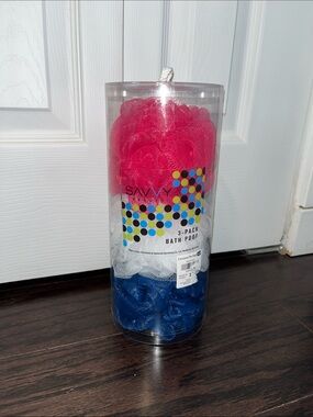 Savvy Beauty 3-Pack Bath Poof Set - Pink, White & Blue